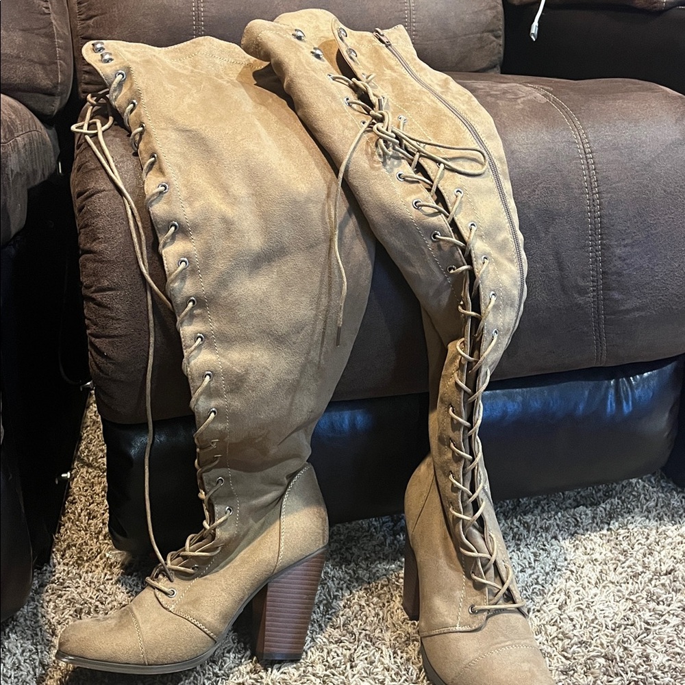 Tan Lace-Up Thigh-High Boots